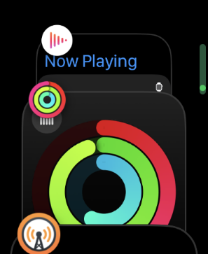 The app switcher in action: Three apps are open: Now Playing, Activity and Overcast.